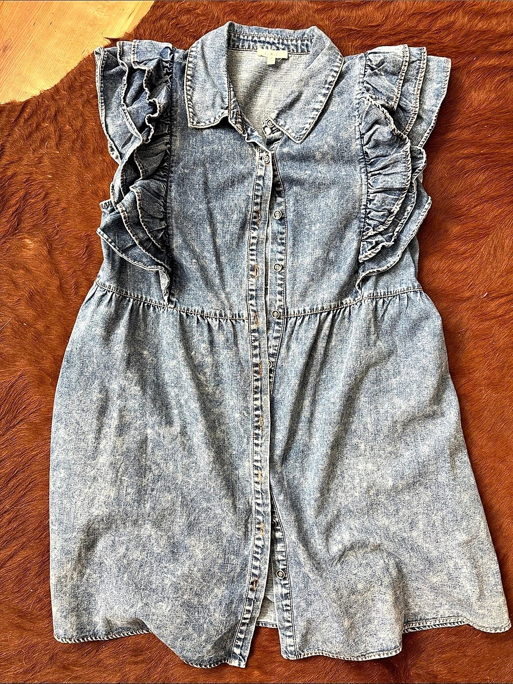 Denim Ruffle Sleeve Dress in Blue